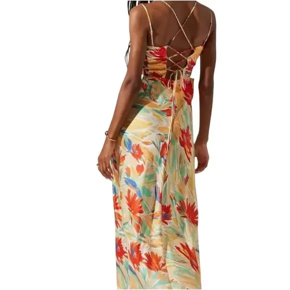 ASTR Antlia Floral Maxi Dress Orange Yellow Women's Square Neck Lace Up Summer - Picture 2 of 16
